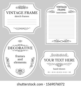 A collection of vintage page design frames. Decorative elements text design. Victorian, historical style. Can be used in postcards, invitations, menus, banners. Hand drawn sketches, engraving style