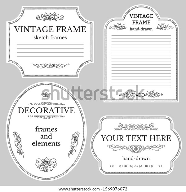 A collection of vintage page design frames.\
Decorative elements text design. Victorian, historical style. Can\
be used in postcards, invitations, menus, banners. Hand drawn\
sketches, engraving style