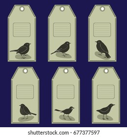 Collection of vintage paper ready-to-use tags with birds. Set of 6 printable hand drawn holiday tags. Monochrome. Vector.