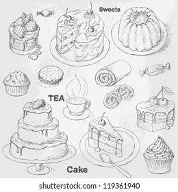 Collection of vintage pastry, cakes and sweets. Teatime icon set