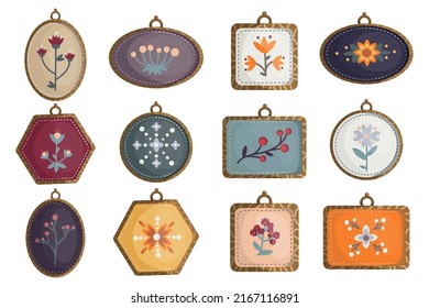 Collection of vintage pendants, pendants with embroidery and wooden frame. Antique brooches of various shapes. Vector graphics.