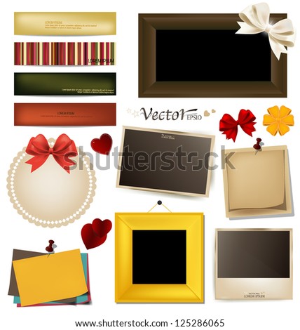 Collection of vintage photo frames, frames and paper on a white background. Template for the design in the style of the scrap-bookings. Vector illustration.