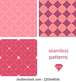 A collection of vintage  pink seamless patterns with circles and embroidered with diamonds