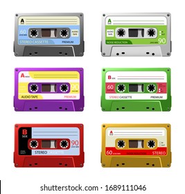 Collection of vintage plastic audio cassette tape.  Retro mixtape, 1980s pop songs tapes and stereo music cassettes.