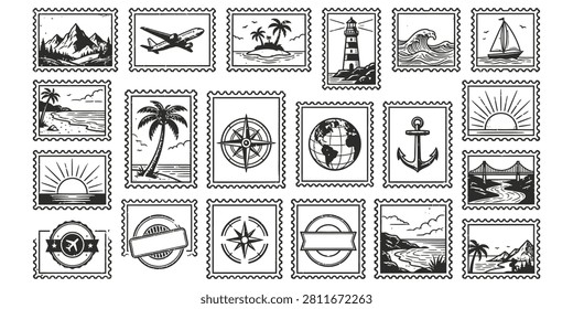 A collection of vintage postage stamps featuring diverse themes like travel, nature, and symbols.