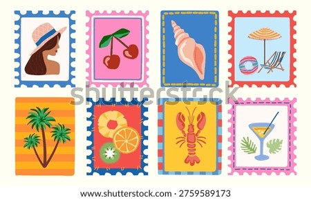 A collection of vintage postage stamps featuring summer vacation illustrations. A set of colorful stickers featuring a woman, fruit, shells, palm trees, and beach accessories. Designed for travel concepts. Vector.