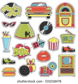 Collection of vintage retro 1950s style stickers that symbolize the 50s decade fashion accessories, style attributes, leisure items and innovations.