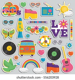 Collection of vintage retro 1960s hippie style sticker patches that symbolize the 60s decade fashion accessories, style attributes, leisure items and innovations.