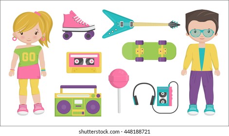 Collection of vintage retro 1980s style boy and girl characters and items that symbolize the 80s decade fashion accessories, style attributes, leisure items and innovations.