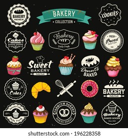 Collection of vintage retro bakery badges and labels on chalkboard. Hand lettering style with cupcakes, croissants, donuts, breads, pretzel and cookies.