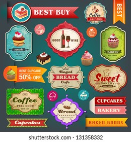 Collection of vintage retro bakery labels, badges and ribbons