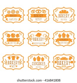 Collection of vintage retro bakery logo labels with bread,pretzel,croissant,cupcake and spike. Vector illustration