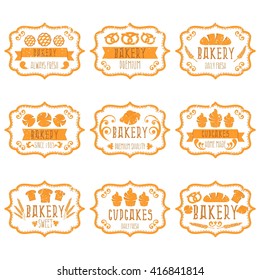 Collection of vintage retro bakery logo labels with bread,pretzel,croissant,cupcake and spike. Vector illustration