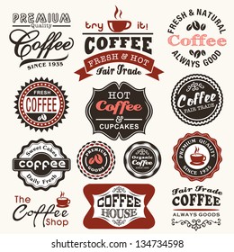 Collection of vintage retro coffee badges and labels