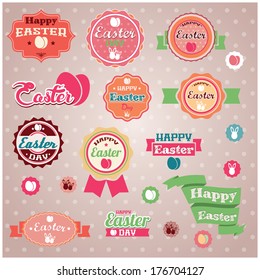 Collection of vintage retro Easter labels, stickers, badges and ribbons, vector illustration