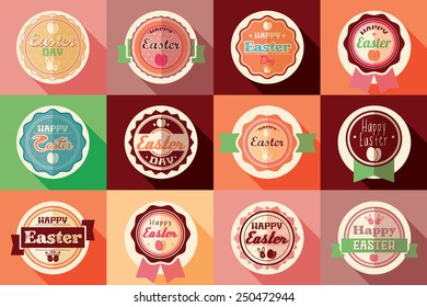 Collection of vintage retro Easter labels, stickers, badges and ribbons, vector illustration