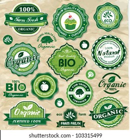 Collection of vintage retro grunge bio and eco organic labels natural products