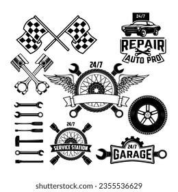 Collection of vintage retro grunge car labels, badges and icons. Garage,Car repaire station, Tire Service labels and badges and design elements.