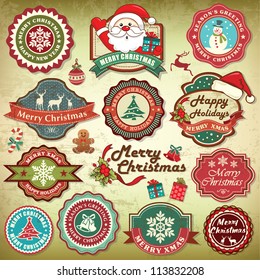 Collection of vintage retro grunge christmas labels, badges and icons