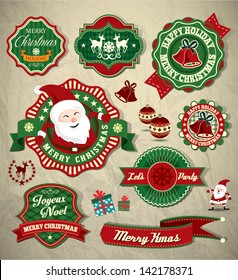 Collection of vintage retro grunge christmas labels, badges and icons