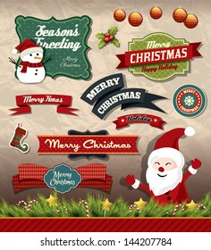 Collection of vintage retro grunge christmas labels, badges and icons