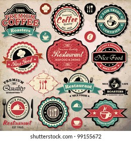 Collection of vintage retro grunge coffee and restaurant labels, badges and icons