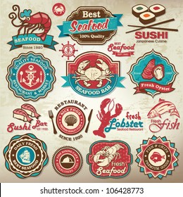 Collection of vintage retro grunge seafood restaurant labels, badges and icons