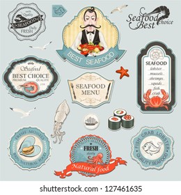 Collection of vintage retro grunge seafood restaurant labels, badges and icons