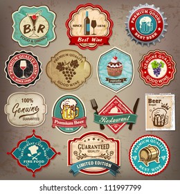 Collection of vintage retro grunge wine, beer, restaurant cafe and bar labels, badges and icons