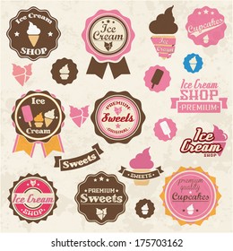 Collection of vintage retro ice cream and cupcake labels, stickers, badges and ribbons, vector illustration