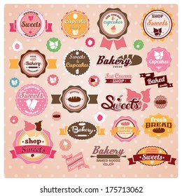 Collection of vintage retro ice cream and bakery labels, stickers, badges and ribbons, vector illustration