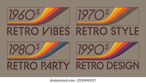 Collection of vintage retro label inspired by 1960s to 1990s aesthetics. Design features colourful wavy elements and bold typography. Can be use for posters, branding and printing