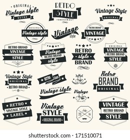 Collection of vintage retro labels, badges, stamps, ribbons, marks and typographic design elements, vector illustration