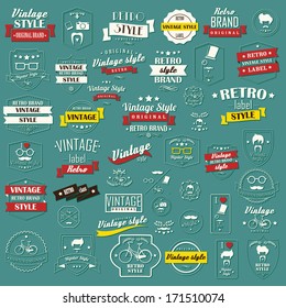 Collection of vintage retro labels, badges, stamps, ribbons, marks and typographic design elements, vector illustration