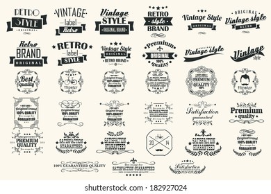 Collection of vintage retro labels, badges, stamps, ribbons, marks and typographic design elements, vector illustration