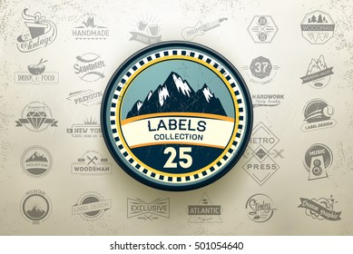 Collection of vintage retro labels, stamps and badges. Vector Illustration