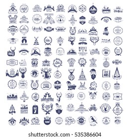 Collection of vintage retro labels, stamps and badges. Vector Illustration. Christmas and New Year decoration of calligraphic and typographic design with labels, symbols And icons elements. Set Of 100