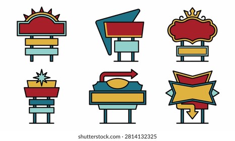 Collection of vintage retro signs vector icons. Flat design style illustrations of blank motel, diner, and roadside advertising signs. Ideal for graphic design, branding, travel, and retro themed projects.