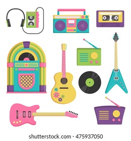 Collection of vintage retro style items that symbolize various decade music accessories, instruments and sound items.