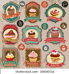 Collection of vintage retro various cupcakes labels, badges and icons