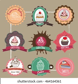 Collection of vintage retro various cupcakes labels, badges and icons. Vector template with bakery items pattern. Sweet labels and stickers background. Cake sketch