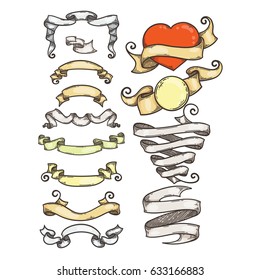 Collection of vintage ribbon, hand drawn doodle set. Vector engrave banners.