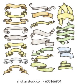 Collection of vintage ribbon, hand drawn doodle set. Vector engrave banners.
