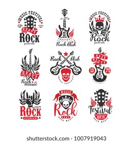 Collection of vintage rock music emblems. Original monochrome label for festival or record studio. Flat vector design for badge, logo, t-shirt print, poster