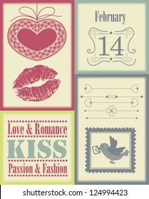 Collection of vintage romantic page design elements - for Valentine's day, wedding, engagement - isolated on light background