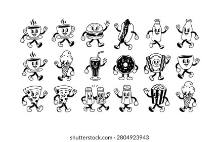 A collection of vintage rubber hose style cartoon food and drink emojis walking and waving, perfect for World Emoji Day graphics