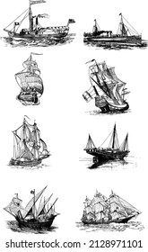 Collection Of Vintage Sail And Steam Ship Outline Vector