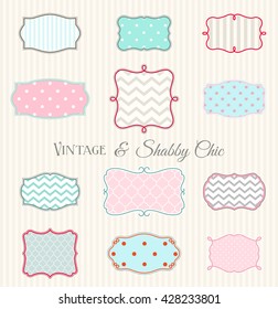 Collection of vintage and shabby chic frames, hand drawn shapes filled by various textures, chevron, polka dot, stripes, ina pastel colors, vector illustration, eps 10