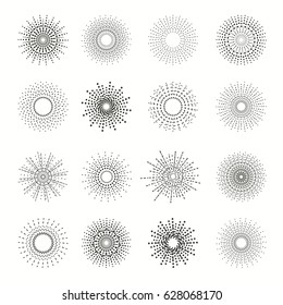 Collection of vintage shine radiant burst or light sunbeam. Sunbursts line style, radial ray. Vector illustration