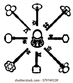  Collection of vintage silhouettes keys, vector illustration